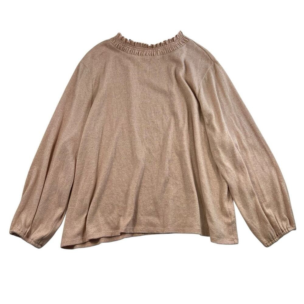 TALBOTS Plus 3X Sparkle Knit Ruffle Mock Neck Sweater Balloon Sleeve Blush Pink‎
